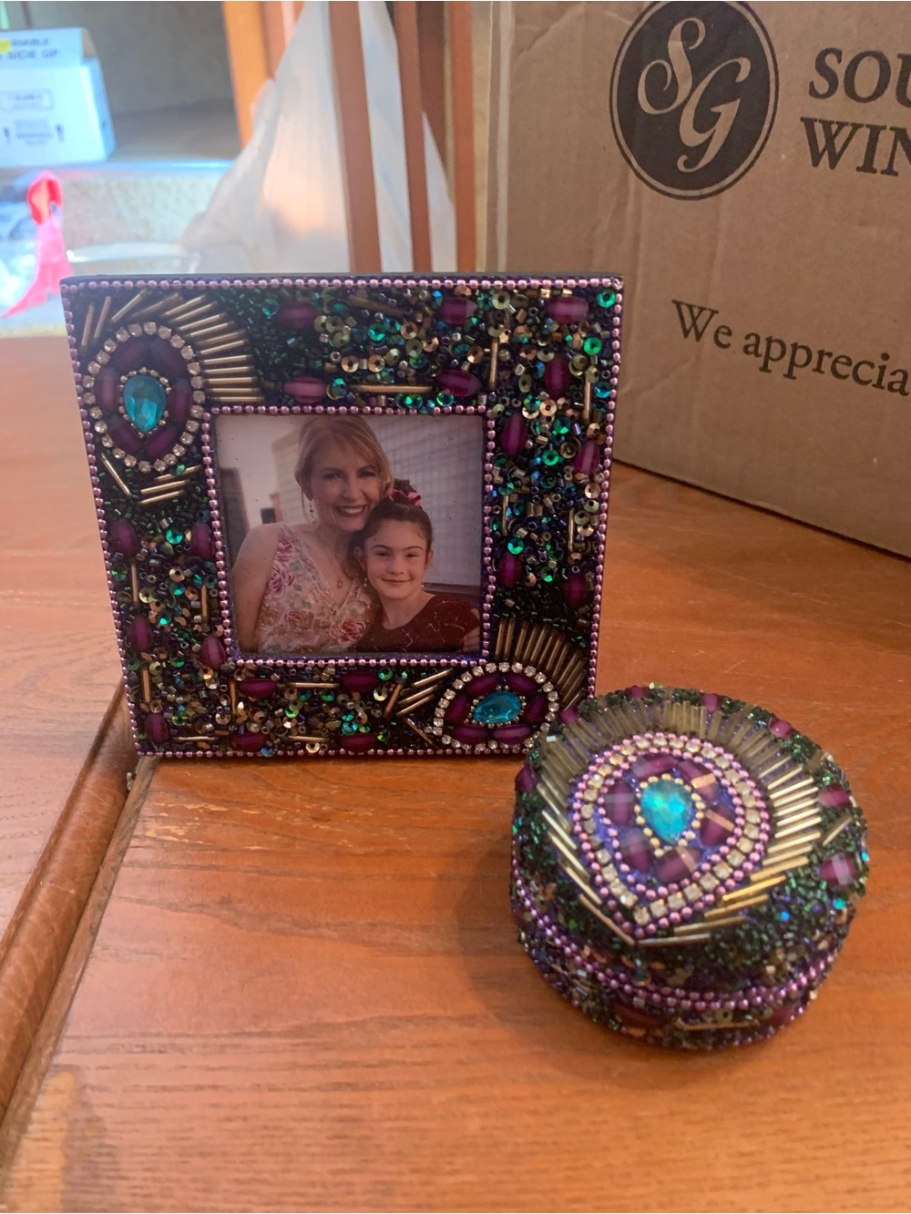 Cracker Barrel Jeweled Purple and Teal Beaded Picture Frame with Trinket Box